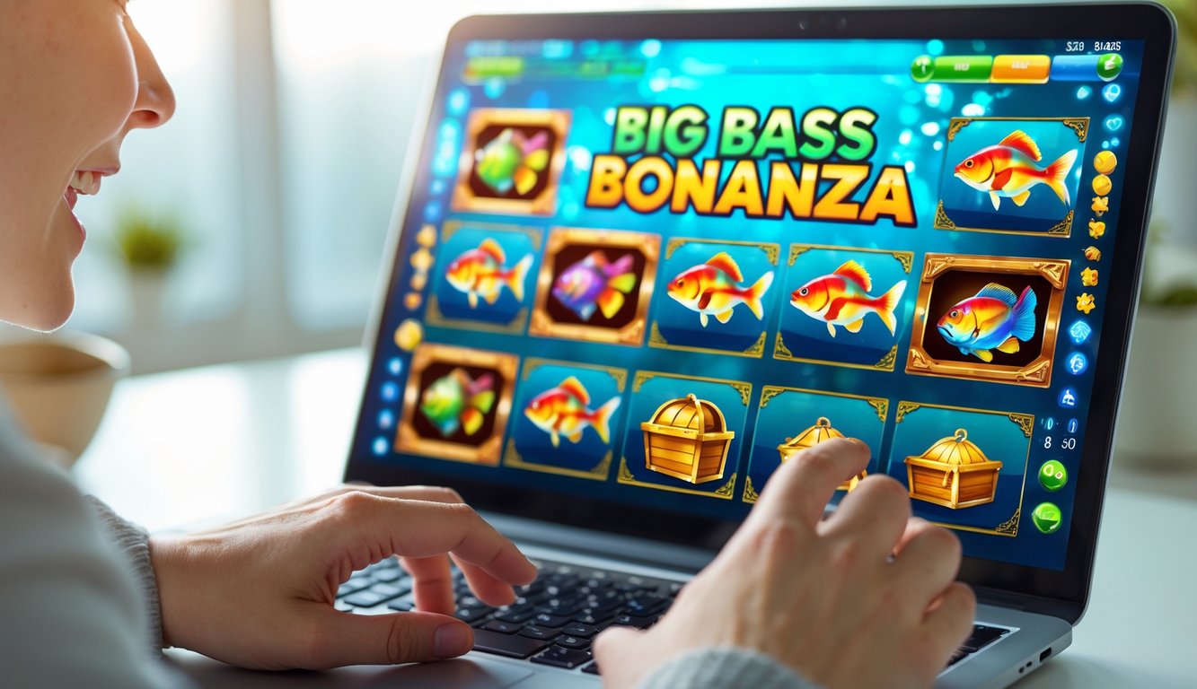 Seseorang sedang bermain permainan slot online dengan tema memancing ikan di depan layar komputer.