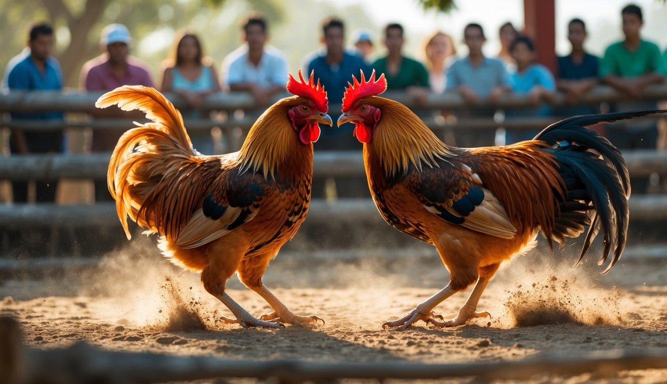 Dua ayam jago sedang bertarung di arena kayu dengan penonton di sekitarnya.