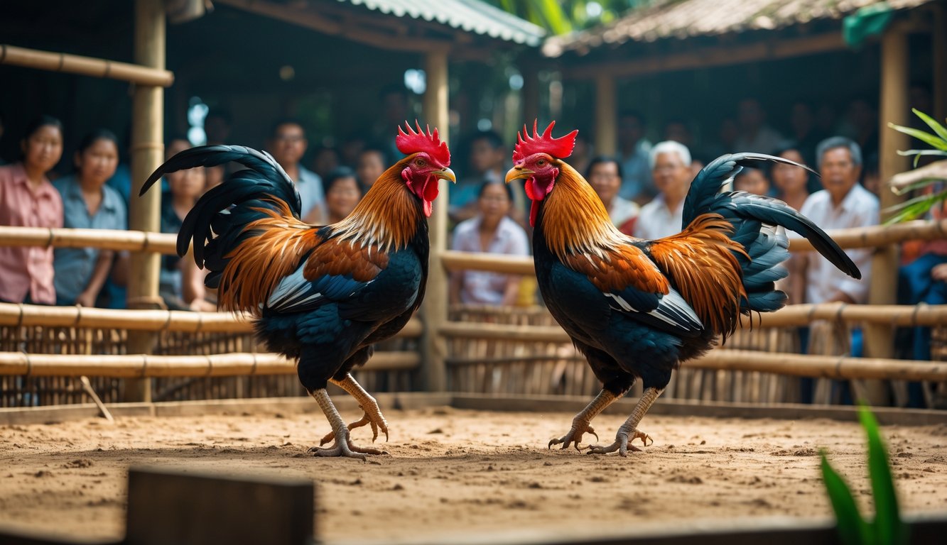 Dua ayam jago sedang bertarung di arena kayu dengan penonton yang memperhatikan di latar belakang.