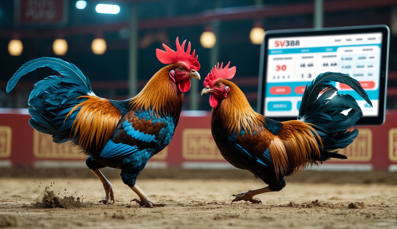 Dua ayam jago sedang bertarung dalam arena sabung ayam dengan latar belakang alat taruhan digital.