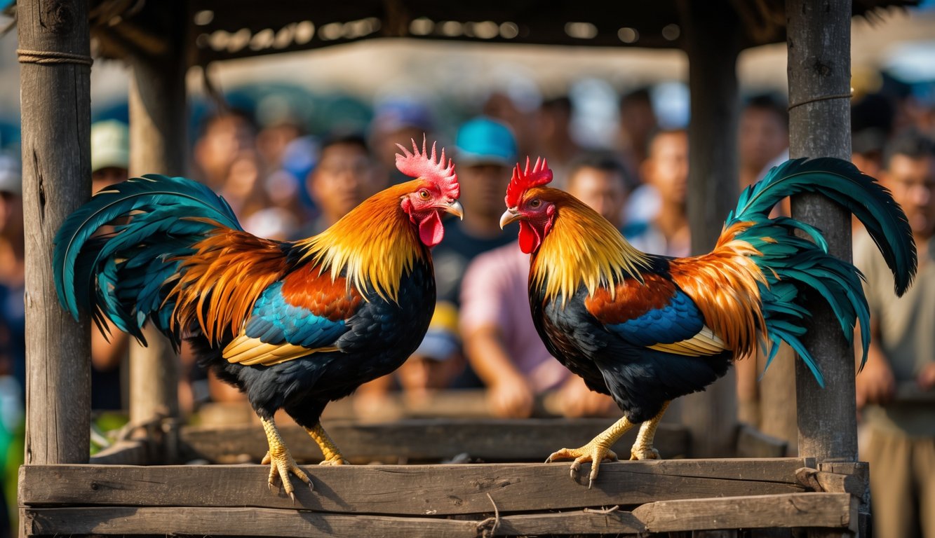 Dua ayam jago sedang bertarung di dalam kandang kayu dengan penonton di latar belakang.