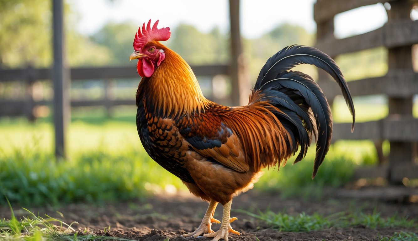 Seekor ayam jantan berdiri dengan gagah di lingkungan peternakan yang alami.