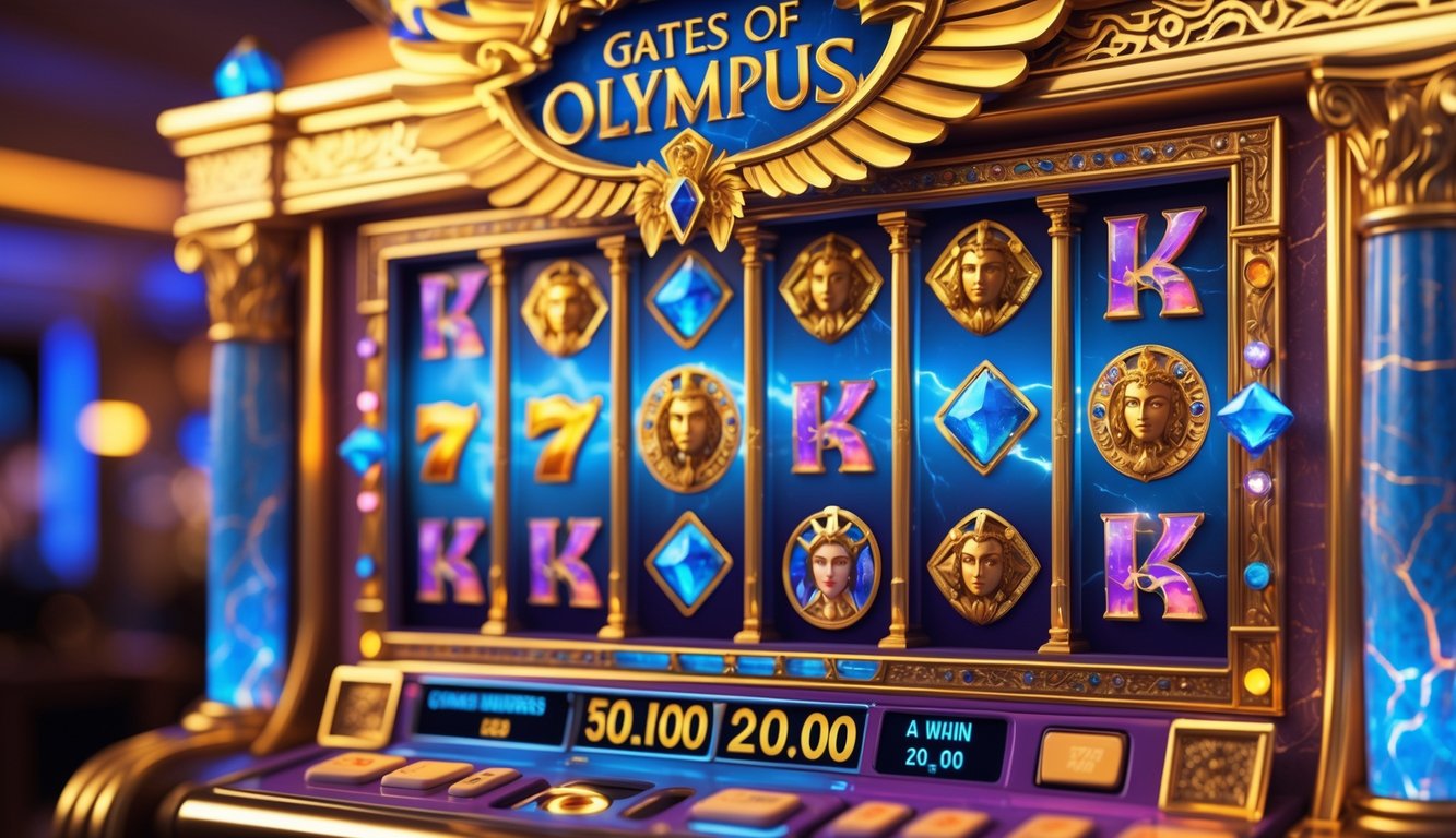 Mesin slot bertema gerbang Olympus dengan desain emas dan simbol mitologi Yunani, menampilkan gulungan berwarna-warni dan latar belakang yang samar.