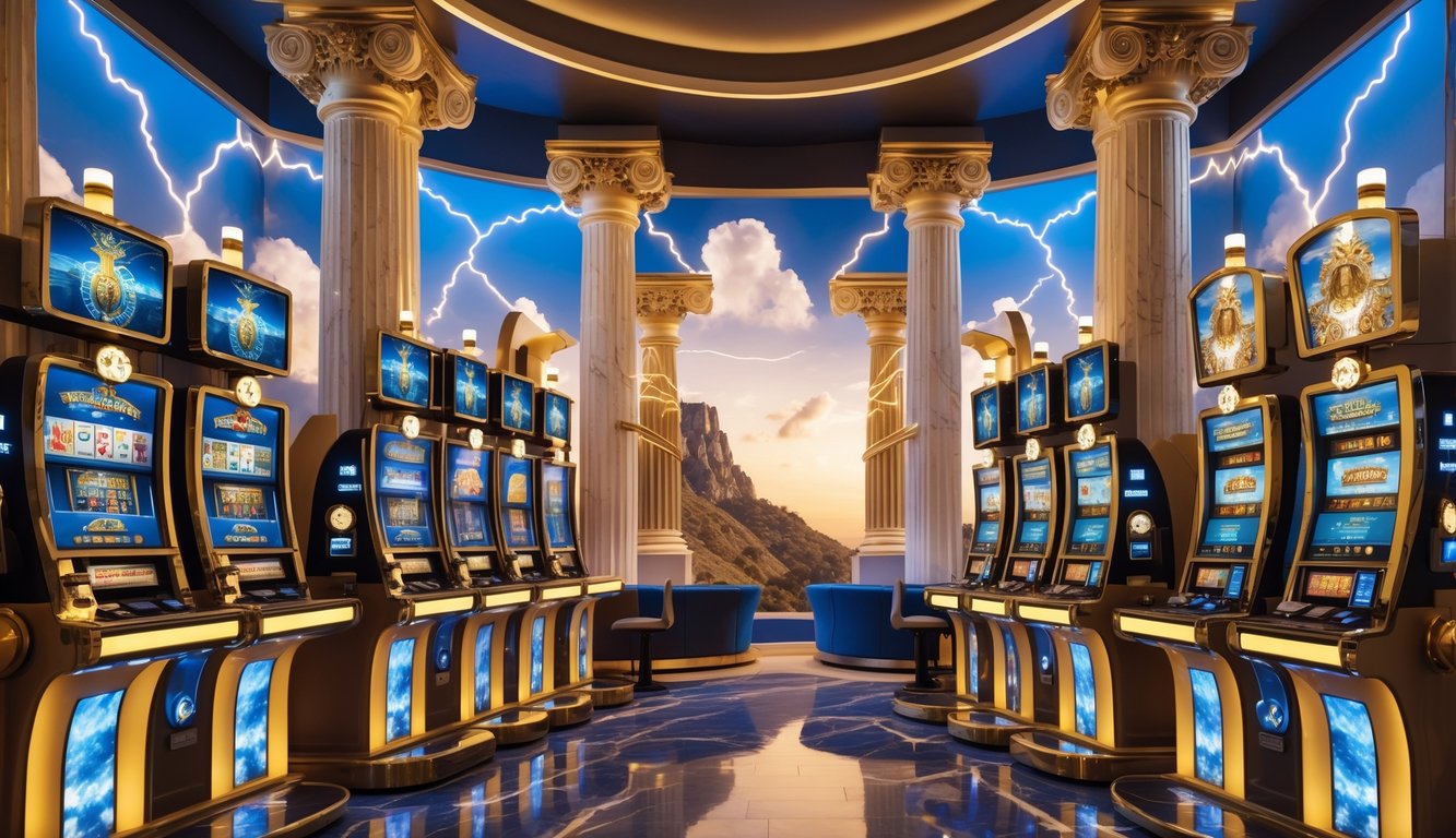 Area mesin slot bertema mitologi Yunani dengan desain mewah dan latar belakang Gunung Olympus.