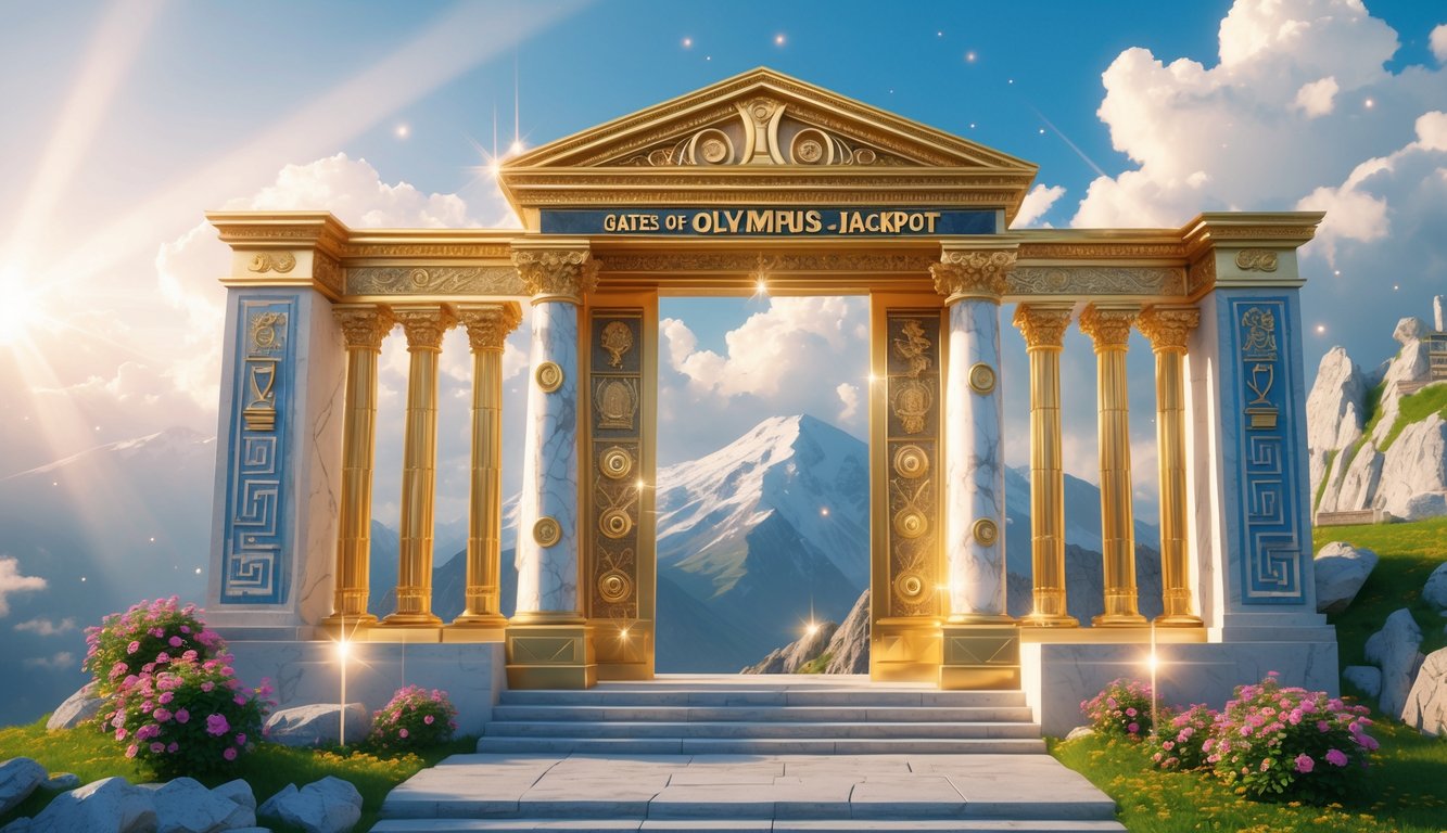 Gerbang megah di puncak gunung dengan pilar marmer dan tanaman hijau, diterangi cahaya matahari yang menembus awan.