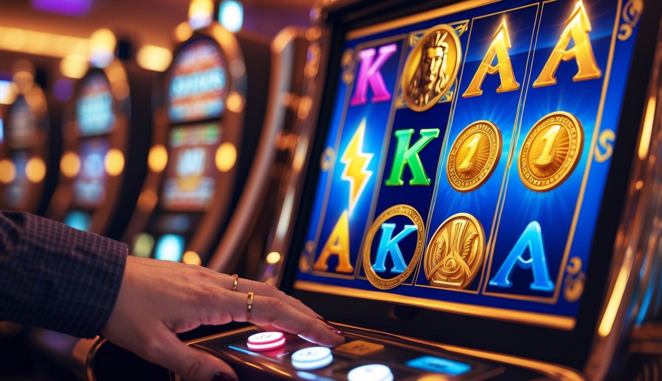 Tangan menekan tombol mesin slot dengan simbol mitologi Yunani di layar dalam suasana kasino yang hangat.