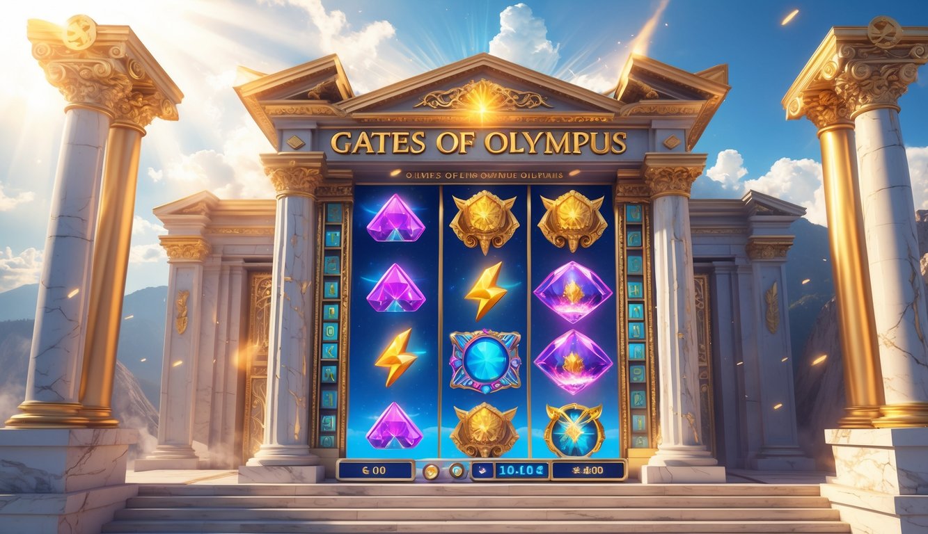 Mesin slot mewah dengan gerbang bergaya Yunani kuno dan simbol mitologi di latar langit cerah.
