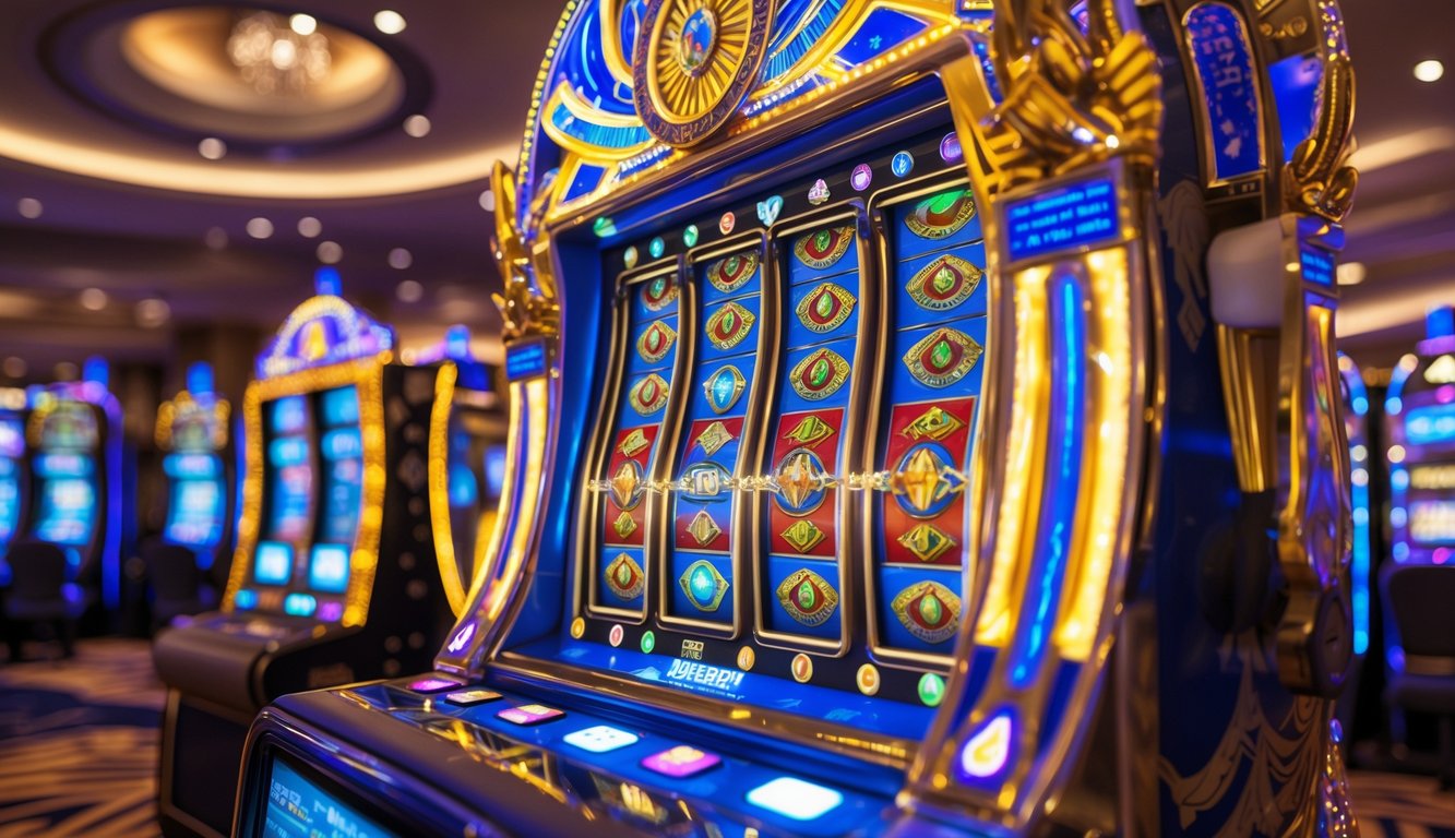 Mesin slot bertema gerbang kuno dengan ornamen emas dan lampu warna-warni di dalam kasino yang mewah.