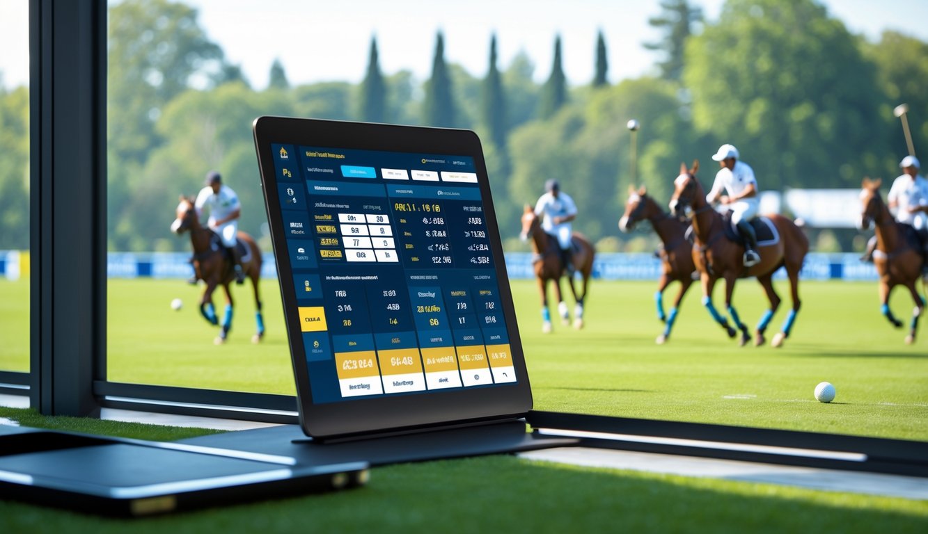 Layar digital menampilkan statistik taruhan olahraga polo dengan latar belakang lapangan polo dan pemain yang sedang berlaga.
