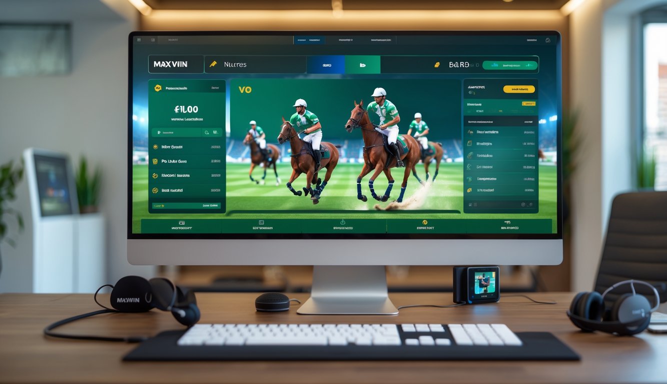 Antarmuka permainan online polo yang modern dan profesional di layar komputer di ruang kantor yang rapi.