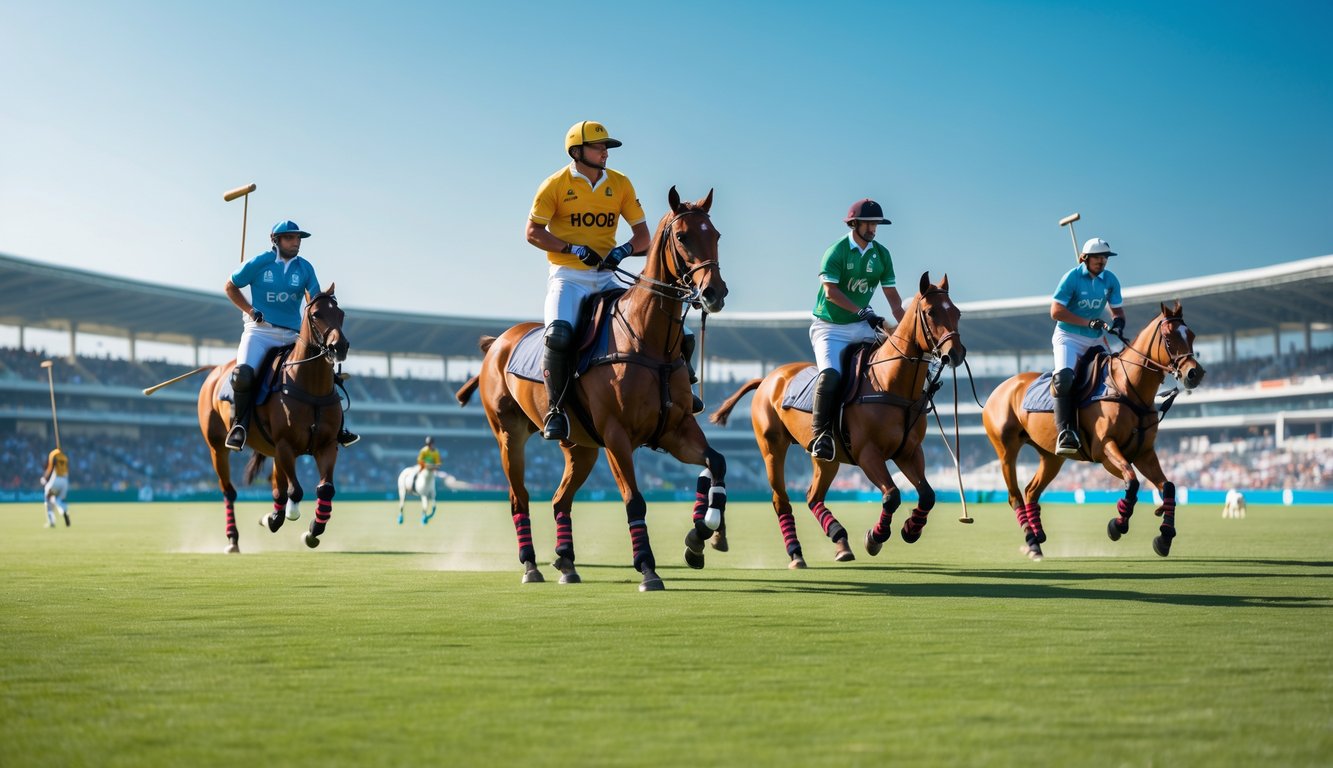 Pertandingan polo yang sedang berlangsung dengan pemain berkuda di lapangan hijau dan penonton di stadion.