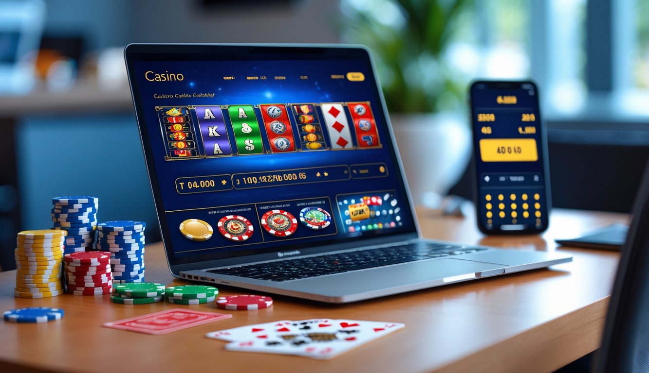 Seorang pengguna duduk di depan laptop dengan tampilan permainan kasino online dan beberapa chip poker serta kartu di atas meja kayu.