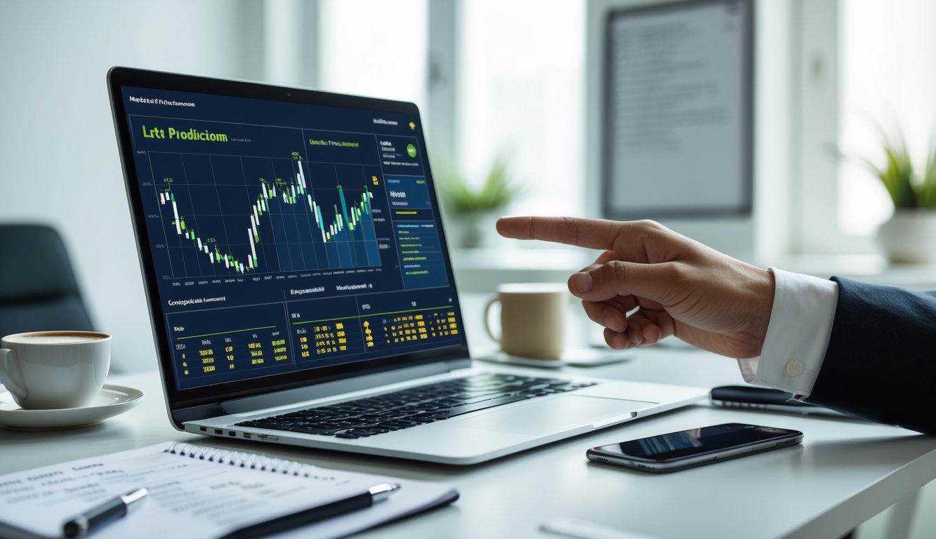 Seseorang sedang menganalisis data prediksi pada laptop di meja kerja yang rapi dengan ponsel dan alat tulis.