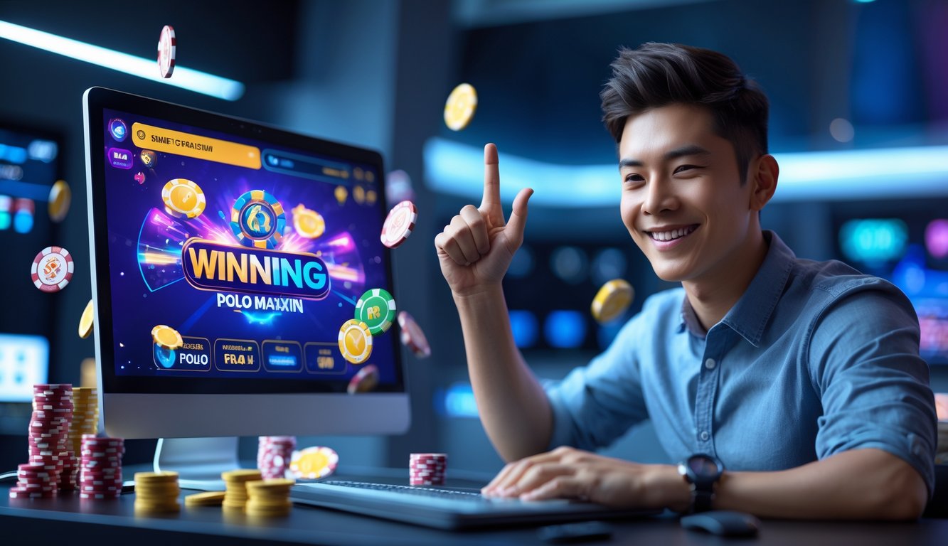Seorang pria muda duduk di meja dengan laptop yang menampilkan permainan judi online, tersenyum sambil mengangkat tangan merayakan kemenangan.