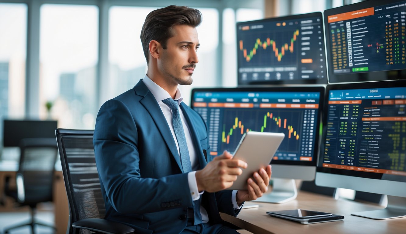 Seorang pria bisnis mengenakan jas sedang melihat layar digital dengan grafik dan data taruhan di kantor modern.