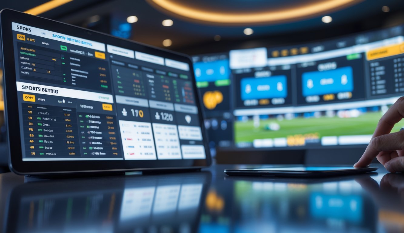 Suasana modern dengan layar digital menampilkan pilihan taruhan olahraga dan skor langsung, seseorang sedang menggunakan tablet untuk melihat data taruhan.