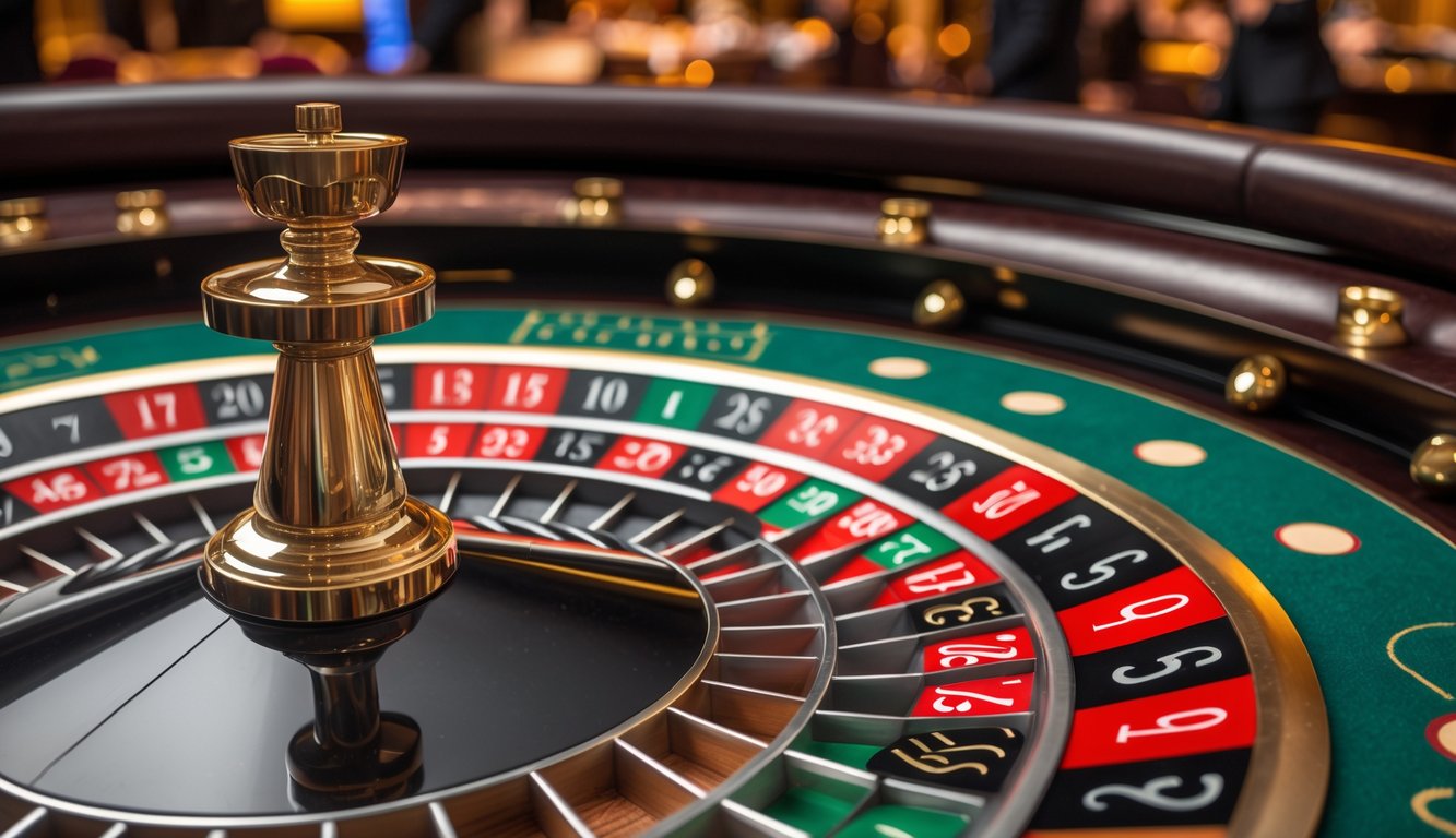 Meja roulette Prancis dengan roda roulette yang berputar dan chip taruhan di atas meja kasino.