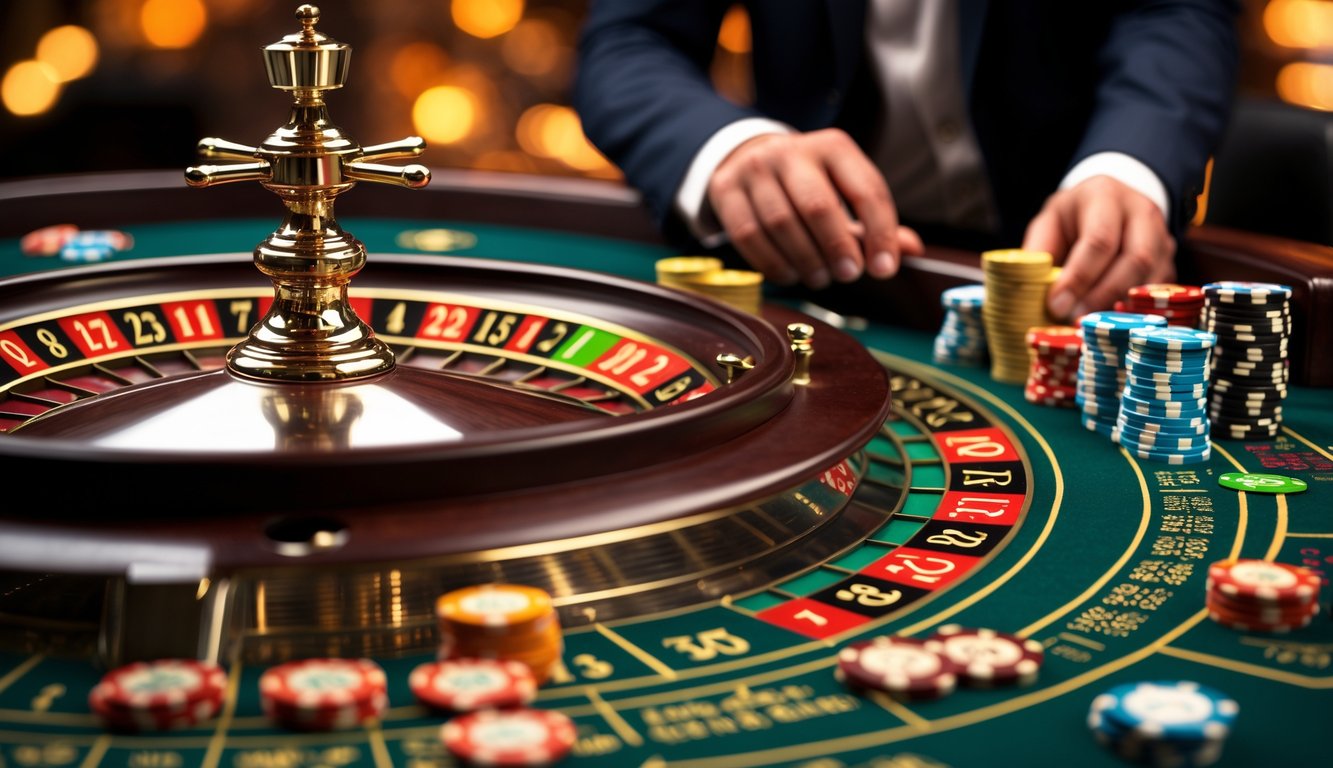 Meja roulette Prancis dengan roda roulette yang berputar dan tumpukan chip taruhan di sekitarnya, dengan tangan dealer yang sedang memasang taruhan.