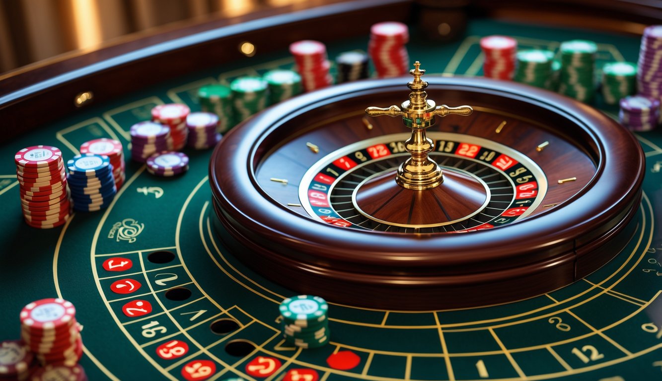 Meja roulette Prancis dengan roda roulette kayu mengkilap dan chip taruhan berwarna-warni di atas meja hijau di kasino.
