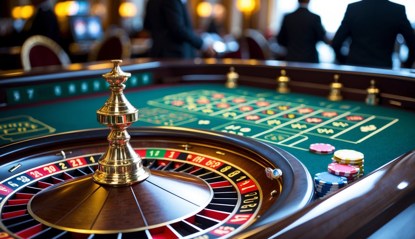 Meja roulette Prancis dengan roda roulette dan chip taruhan dalam suasana kasino yang elegan.
