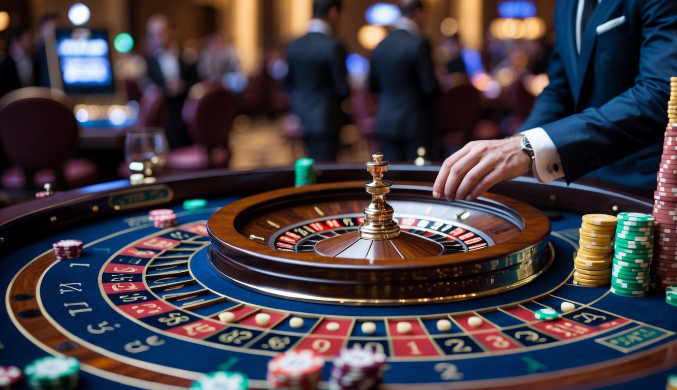 Seorang pria sedang memasang taruhan pada meja roulette Prancis dengan roda roulette berputar dan chip taruhan di sekitarnya di dalam kasino.