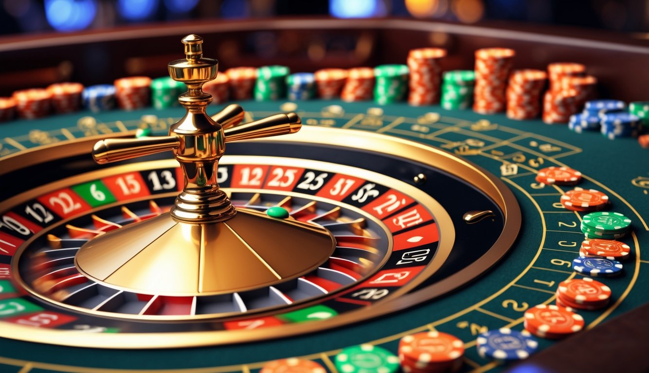 Meja rolet Prancis dengan roda rolet berputar dan tumpukan chip taruhan di kasino mewah.