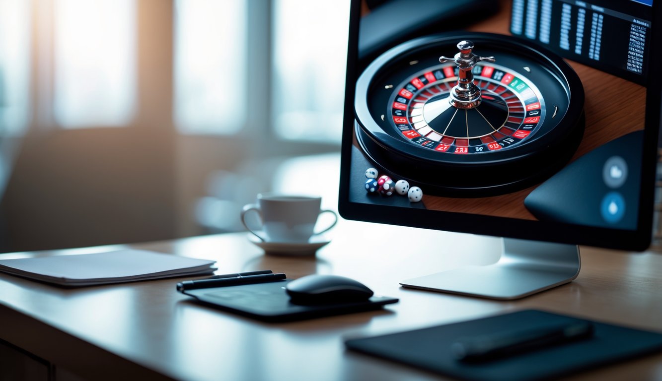 Sebuah meja dengan komputer menampilkan permainan roulette online dengan roda roulette berwarna merah, hitam, dan hijau yang jelas terlihat.
