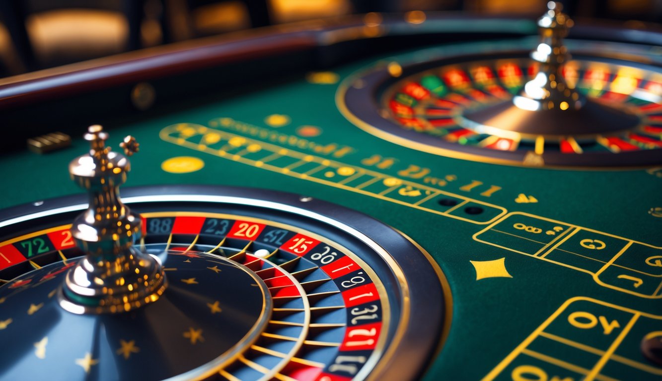 Meja roulette Prancis dengan roda roulette berputar dan bola di atasnya di dalam kasino.