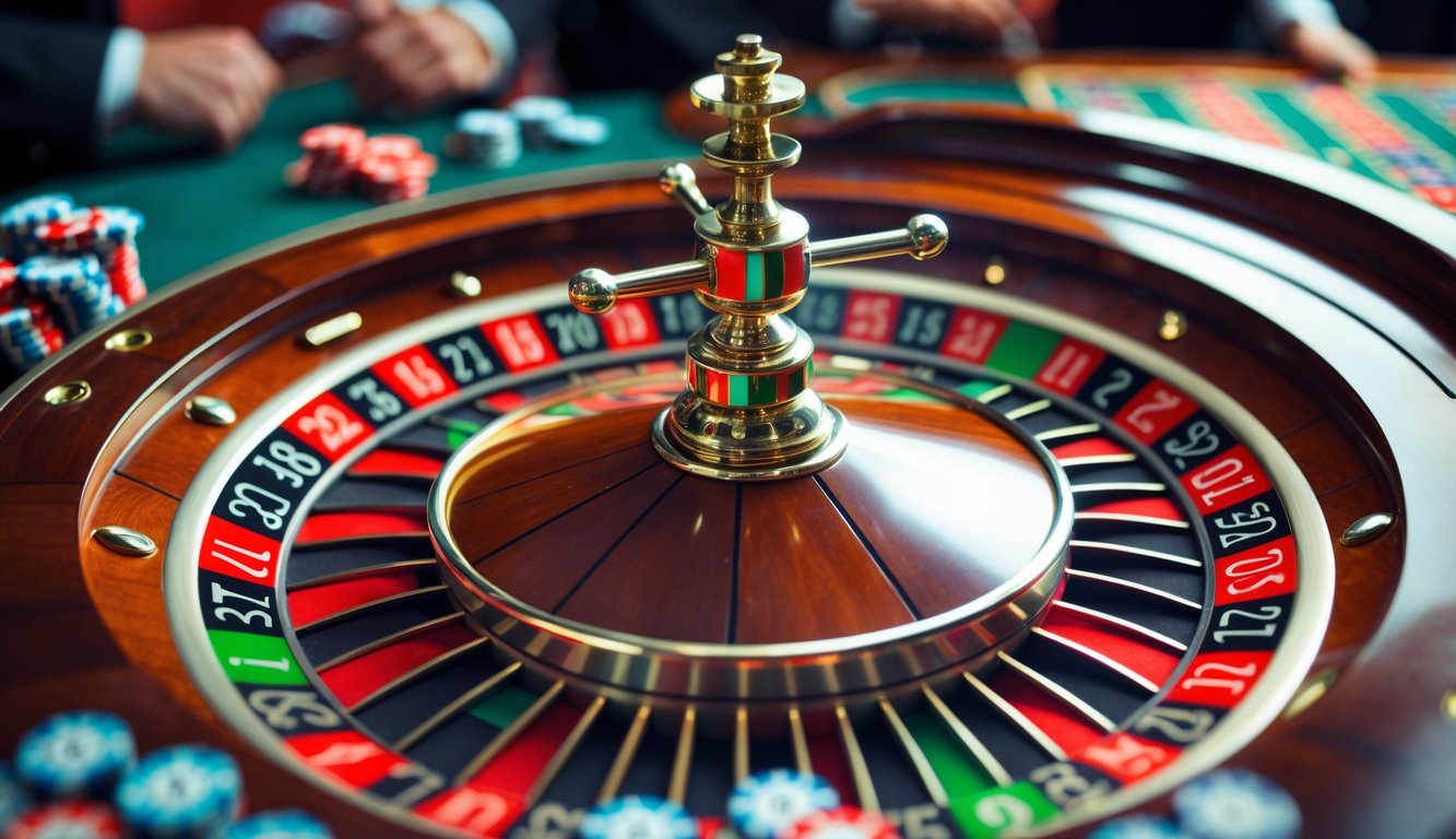 Meja roulette Prancis dengan roda roulette yang berputar dan bola putih di dalamnya, dikelilingi oleh tata letak taruhan dengan chip di atasnya.