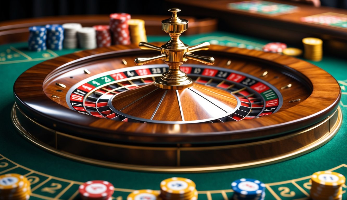 Meja roulette Eropa dengan bola pada angka pemenang dan chip taruhan di sekitarnya.