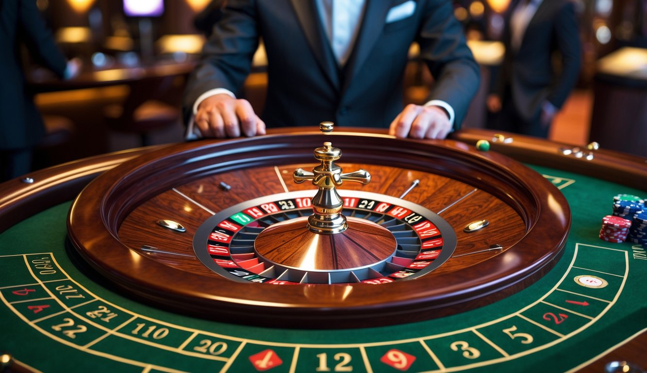 Meja roulette Eropa dengan roda roulette dan area taruhan di kasino mewah.
