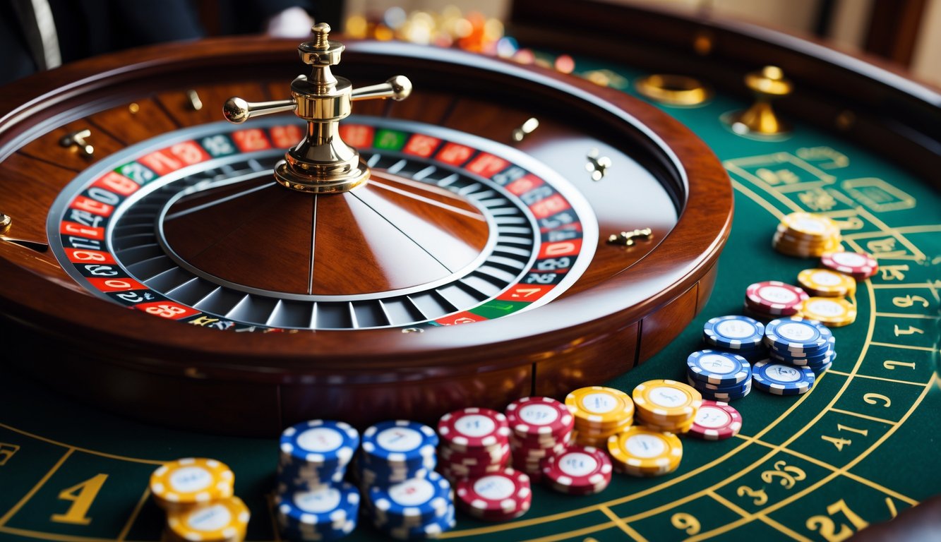 Pemandangan dekat roda roulette Eropa dengan bola yang hampir berhenti dan chip taruhan di atas meja hijau.