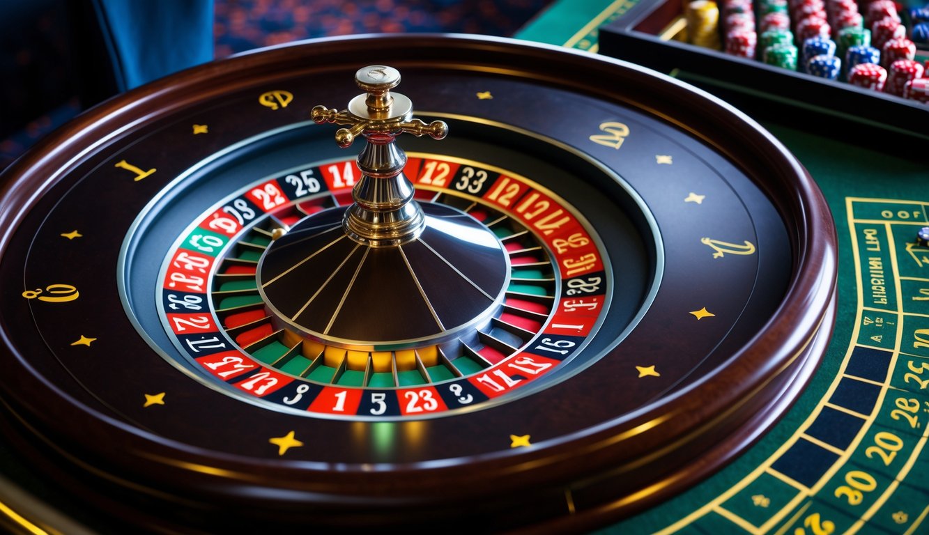 Meja roulette Eropa dengan roda roulette dan tata letak taruhan di kasino.
