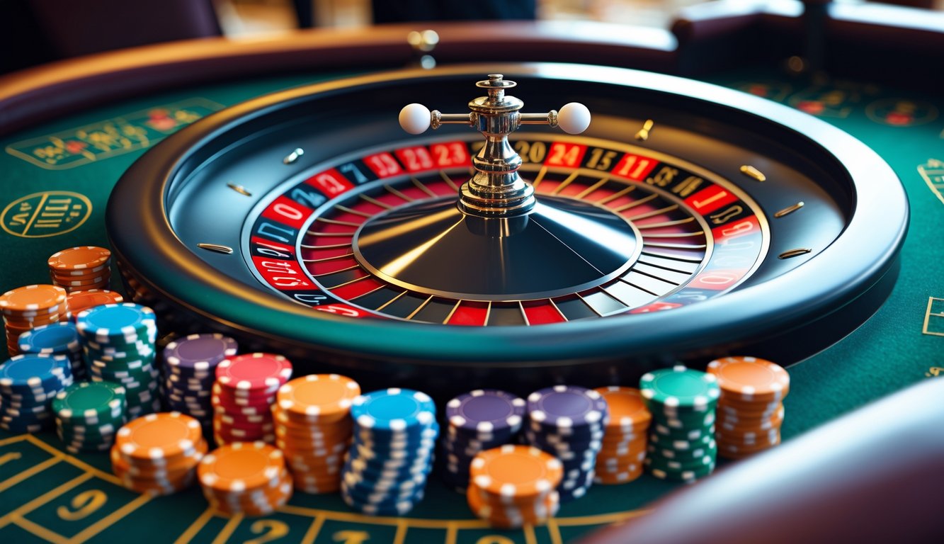 Meja roulette Eropa dengan roda roulette dan tumpukan chip taruhan dalam suasana kasino.