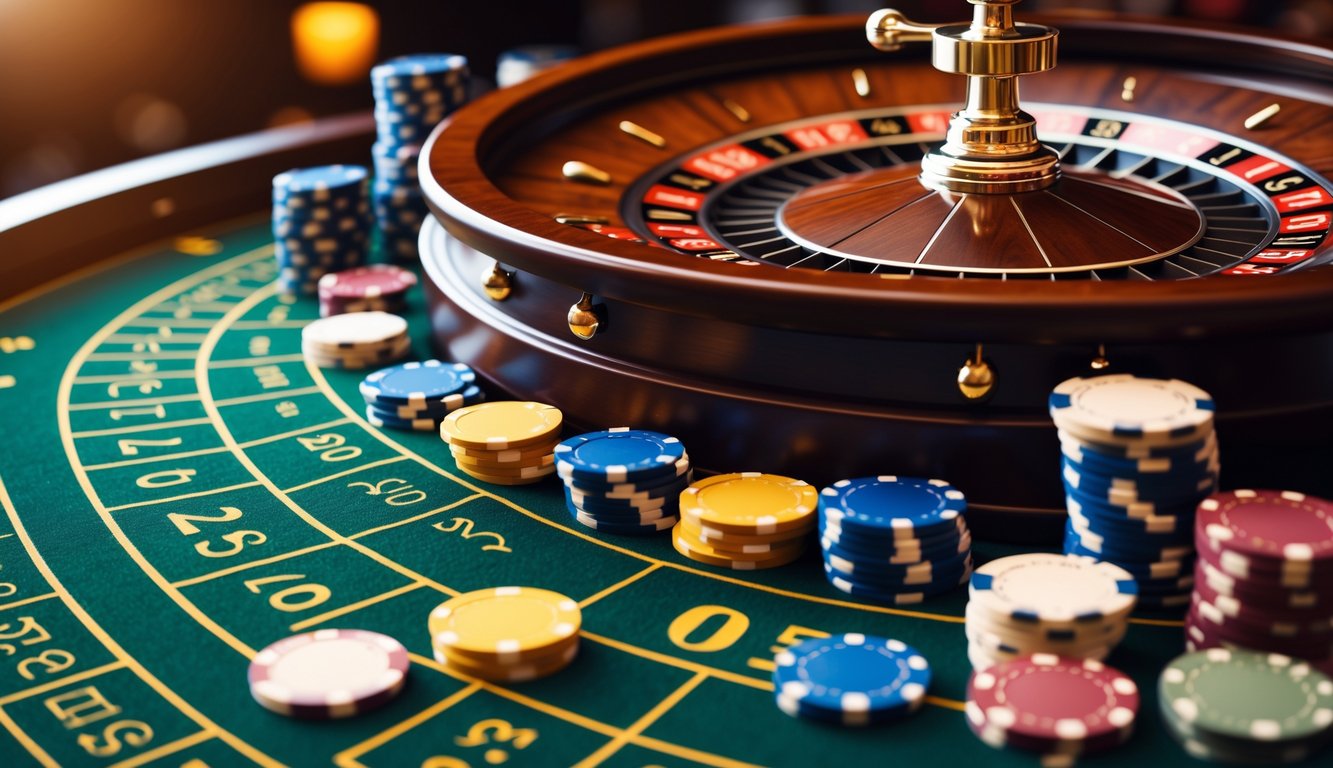 Pemandangan dekat roda roulette Eropa dengan bola di salah satu slot dan chip kasino di meja hijau.