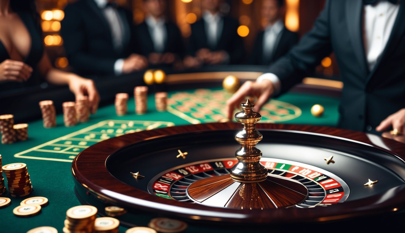 Meja roulette Eropa dengan roda berputar dan bola di kasino yang mewah.