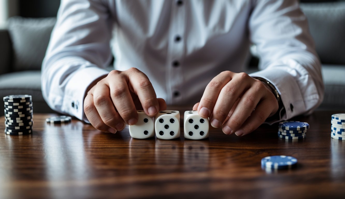 Tangan pria sedang melempar dadu di atas meja kayu dengan beberapa chip poker di sekitarnya.