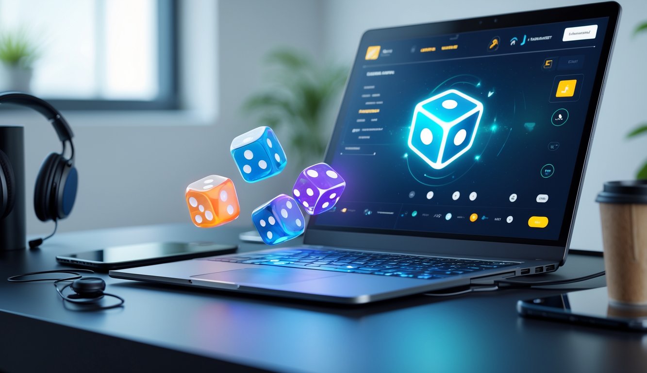 Seorang pria menggunakan laptop di meja kerja dengan dadu digital mengambang di atas keyboard.