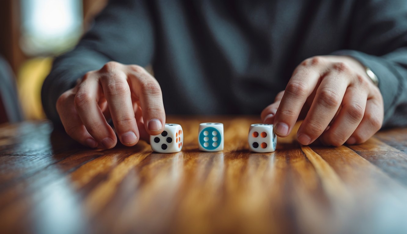 Tangan sedang melempar dadu di atas meja kayu dalam suasana permainan.