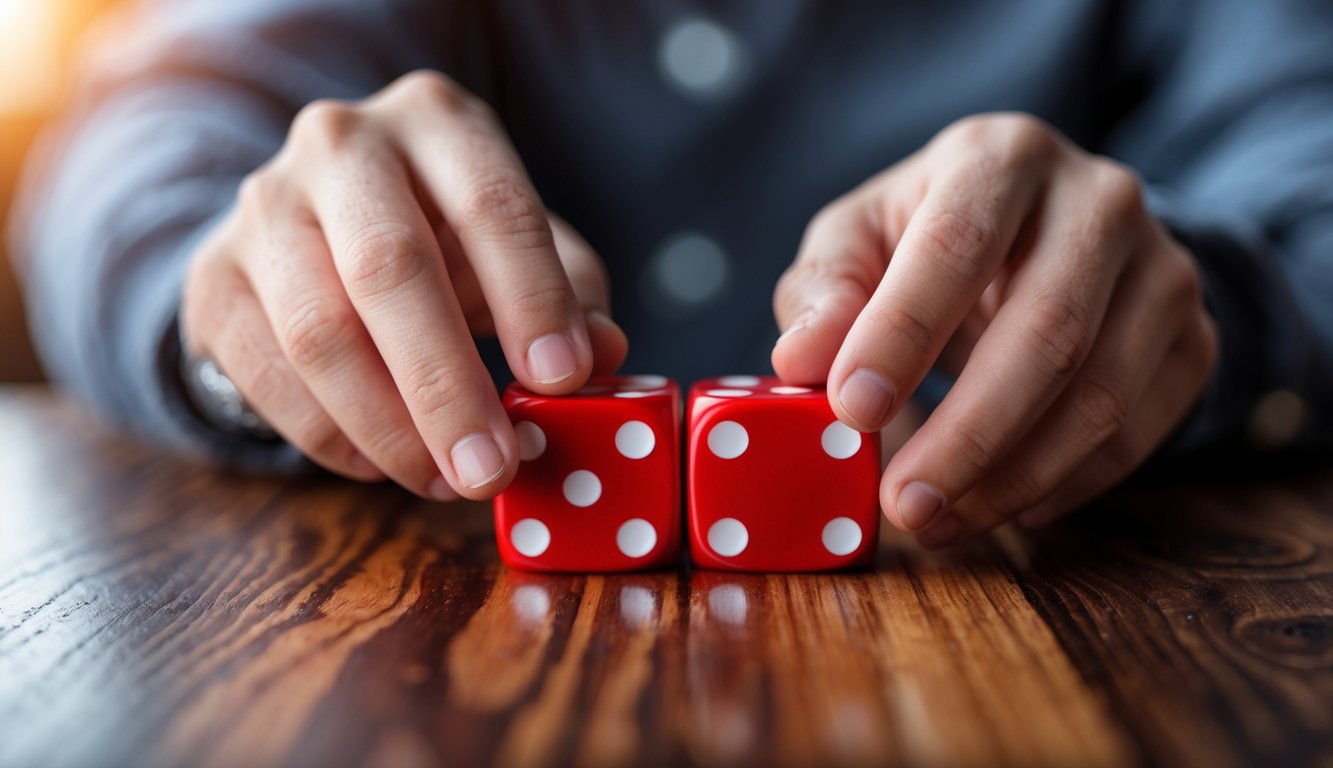 Tangan yang sedang melempar dadu merah putih di atas meja kayu.