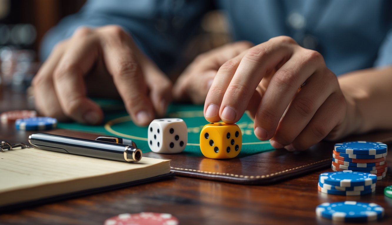 Tangan yang sedang meletakkan dadu di atas meja kayu dengan chip poker dan buku catatan di sekitarnya.