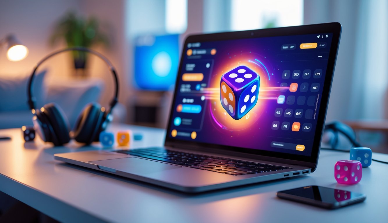 Sebuah laptop di meja dengan permainan dadu digital di layar dan beberapa dadu fisik di sekitarnya.