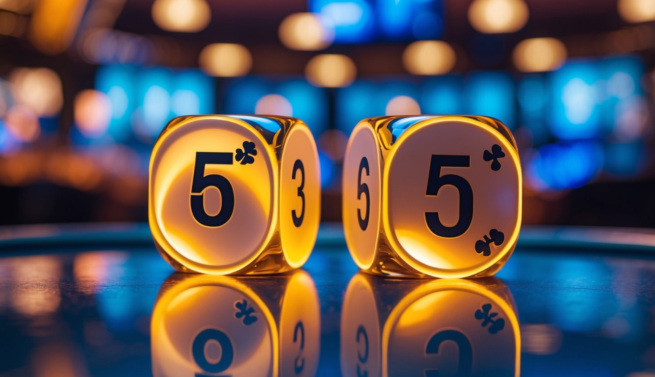 Dua dadu di atas permukaan reflektif dengan cahaya keemasan di latar belakang kasino, menunjukkan suasana kemenangan dan keberuntungan.