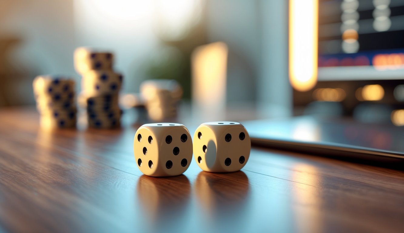 Sepasang dadu sedang dilempar di atas meja kayu dengan latar belakang suasana permainan yang modern.