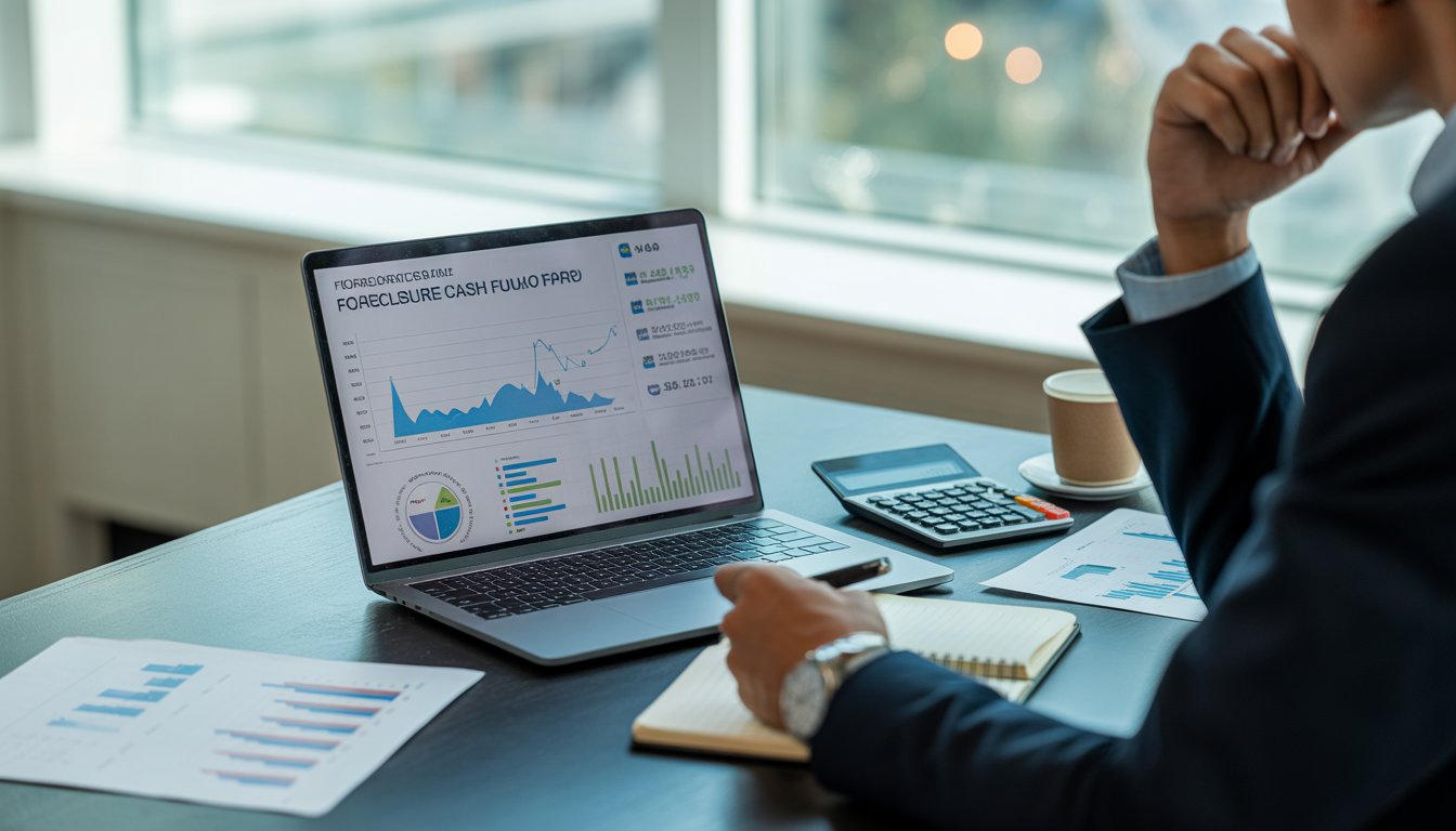 A person analyzing financial charts on a laptop at a desk with documents and a calculator in a bright office.