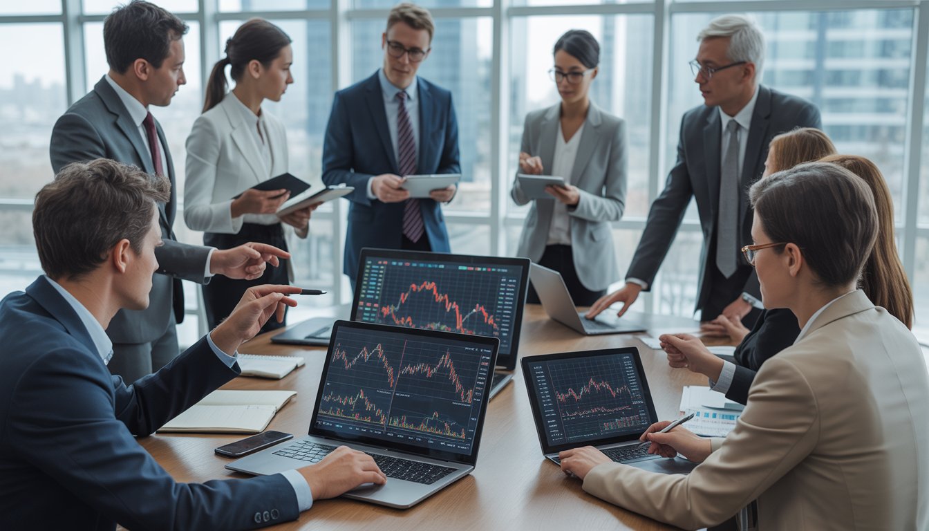 A group of investors and analysts discussing financial charts and foreclosure cash flow data around a table in an office with a city view.