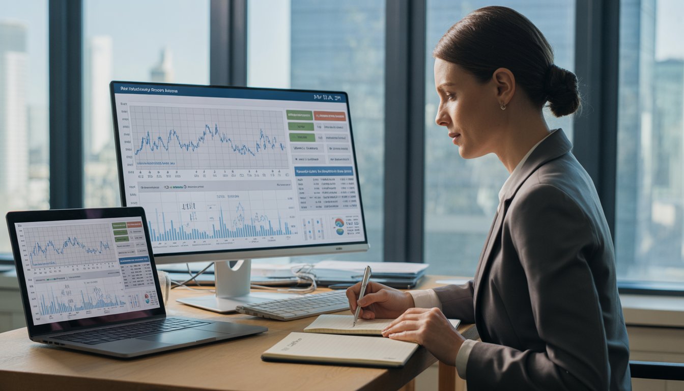 A business professional analyzing rental market data on a computer in a modern office with a city view.