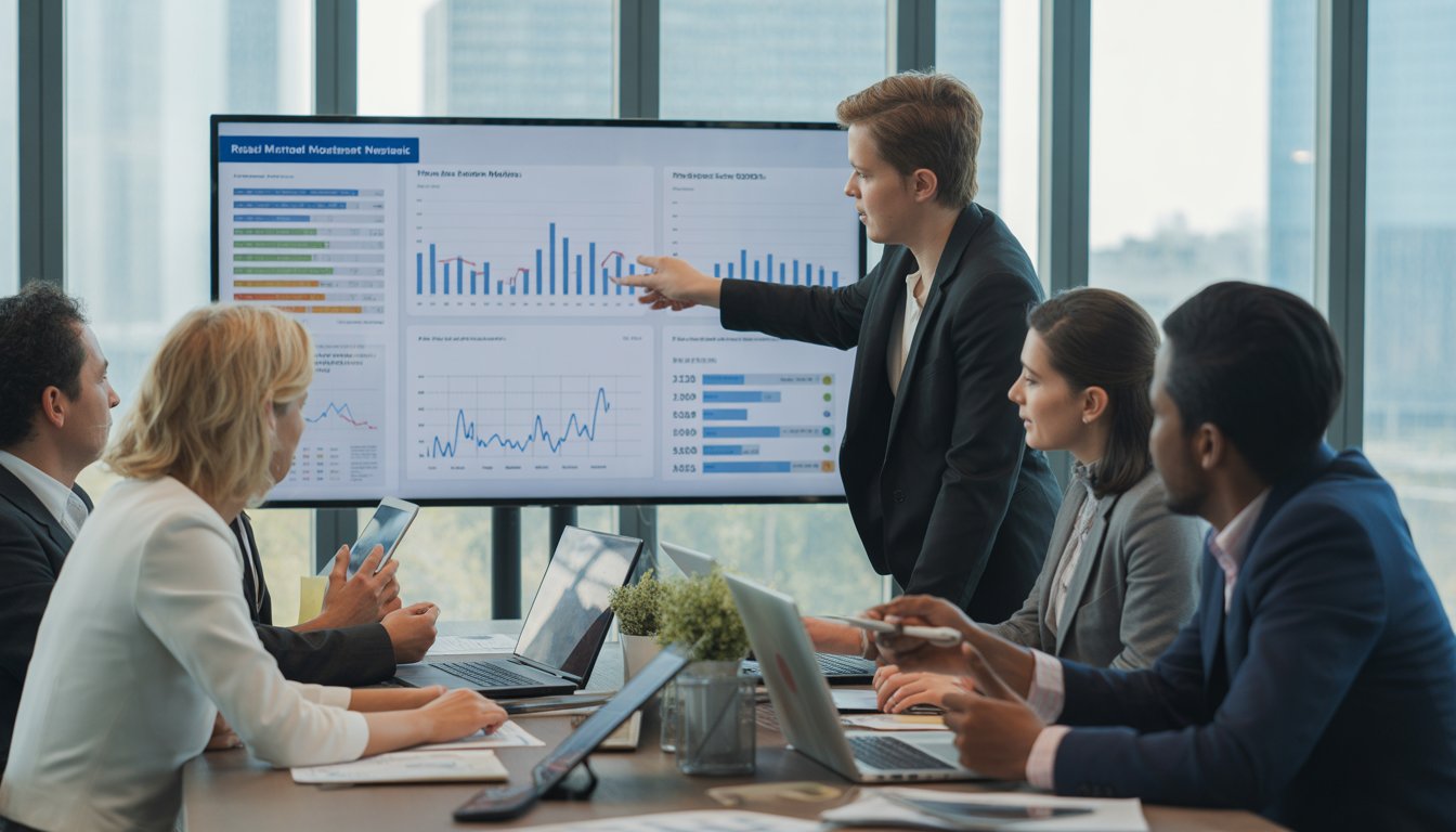 Business professionals analyzing rental market data on laptops and charts in an office with a city view.