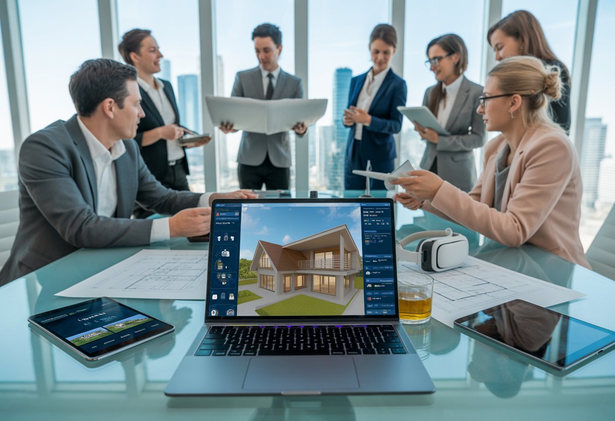 Real estate professionals using laptops, tablets, and virtual reality devices in a modern office with city views.