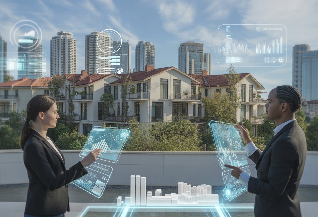 A city skyline with professionals interacting with futuristic digital interfaces showing real estate data and 3D building models.